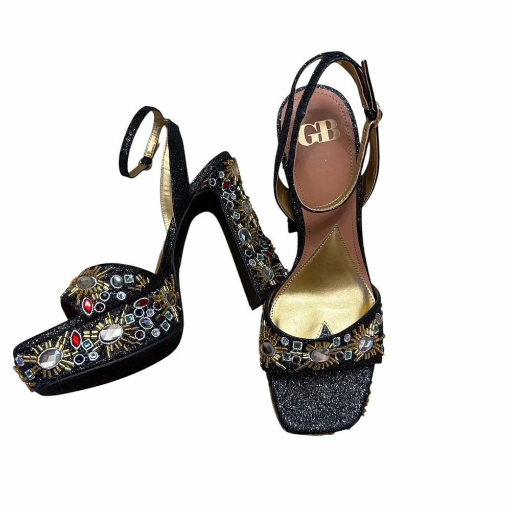 GB Rhinestone Embellished Platform Heels Black Statement Sandals Size 9 NWOB